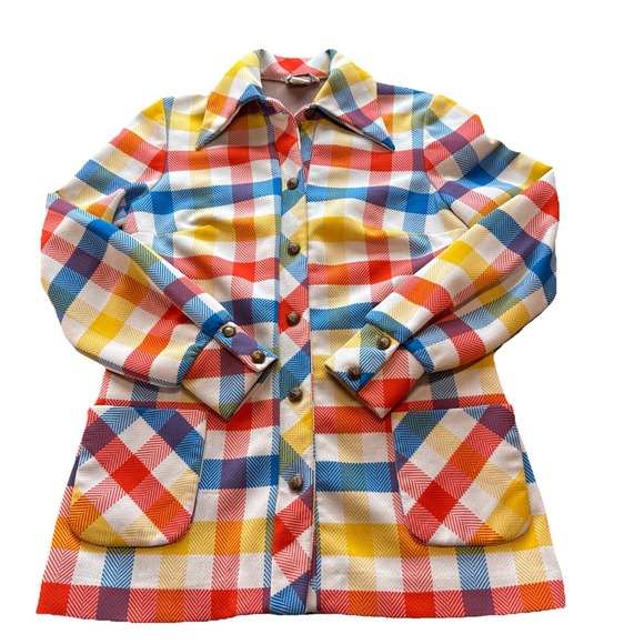 Joe Hardin Jackets & Blazers - Vintage 1970s Joe Hardin Colorful Plaid Jacket Point Collar Brass Buttons Sz‎ M